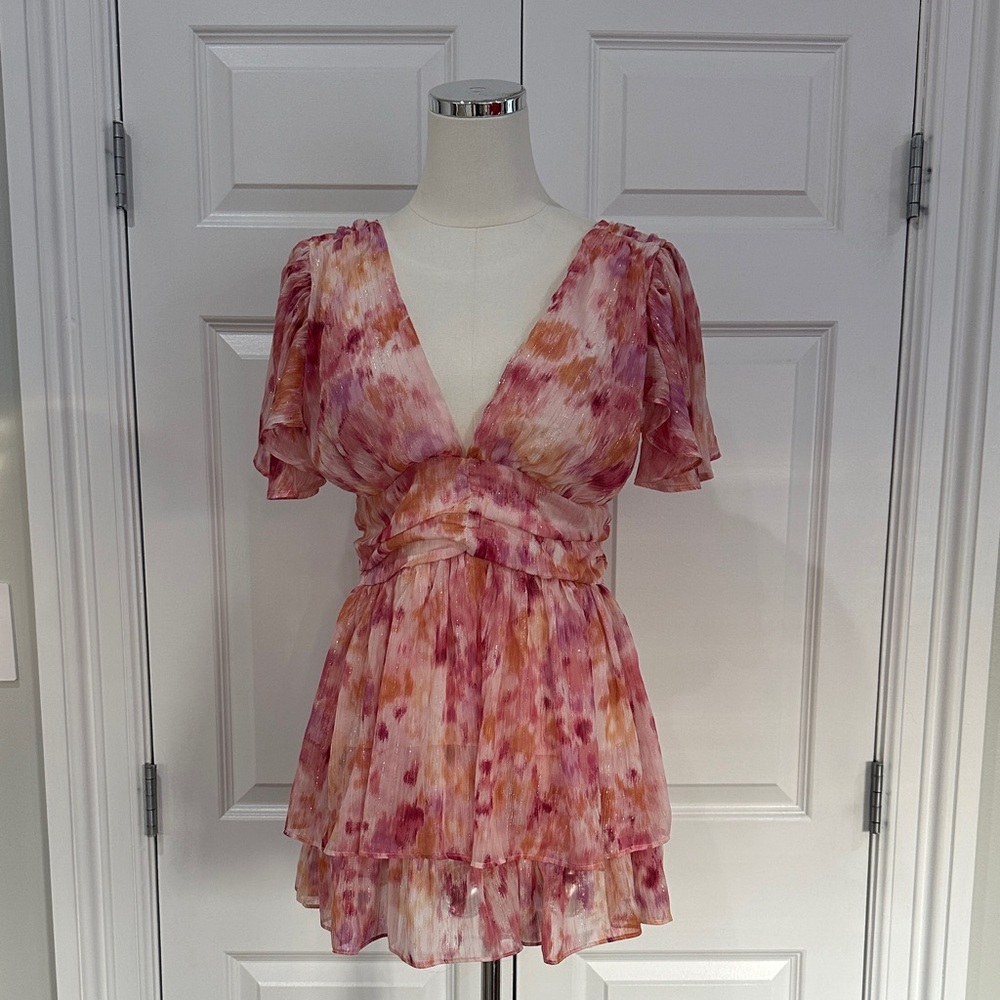 Lulus Sunny Evenings Pink Tie-Dye Multi Lurex Flutter Sleeve Mini Dress Size M